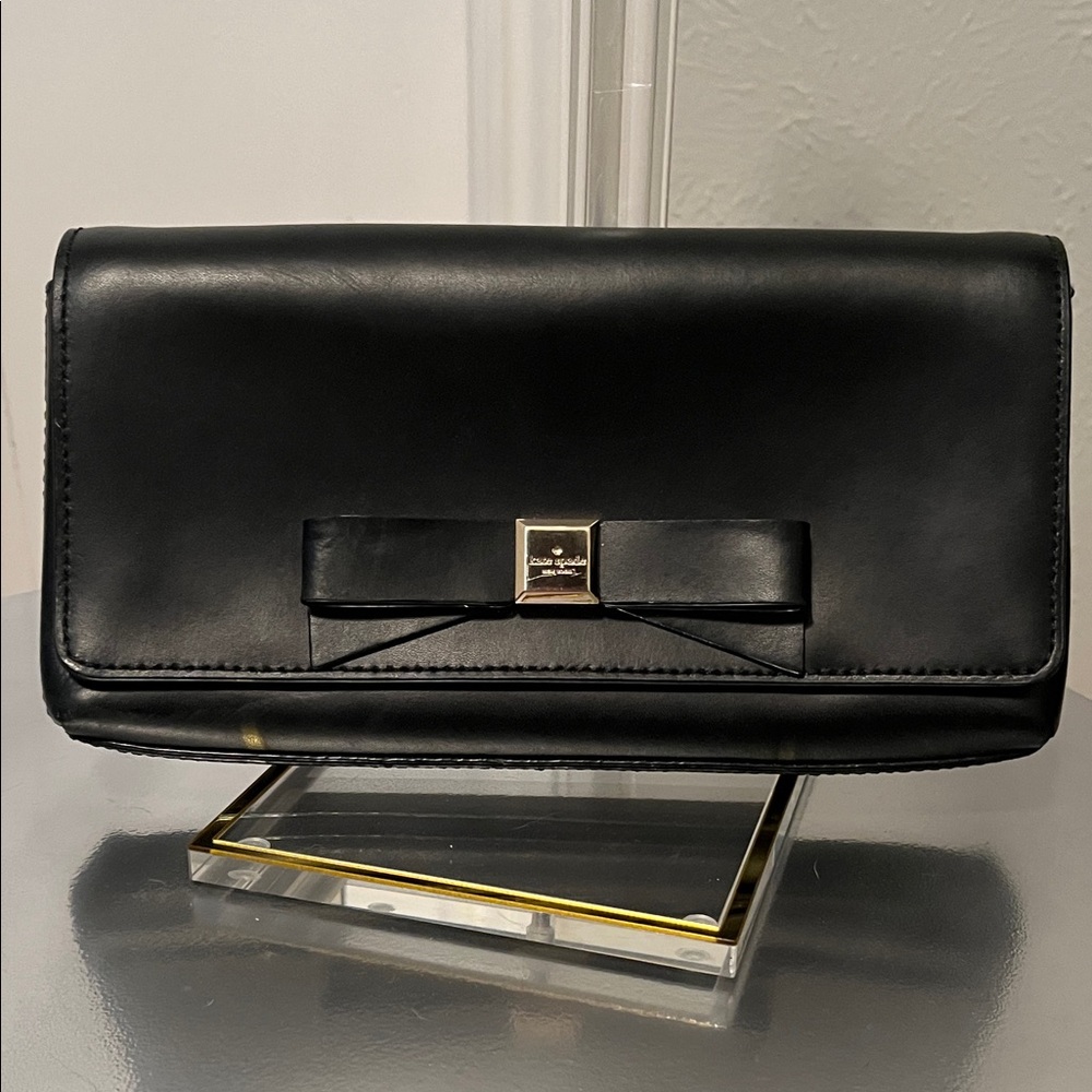 Kate Spade Black Clutch with Bow Detail and Bright Pink Interior